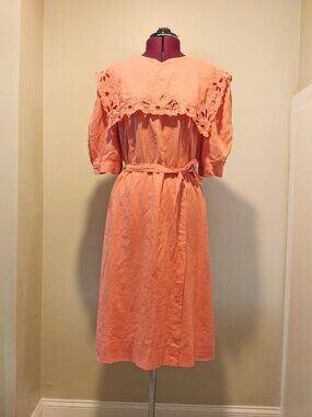 Vintage 1970 Designer Marion Maged Carol Pink Embroidered Collar Dress Size 12 M